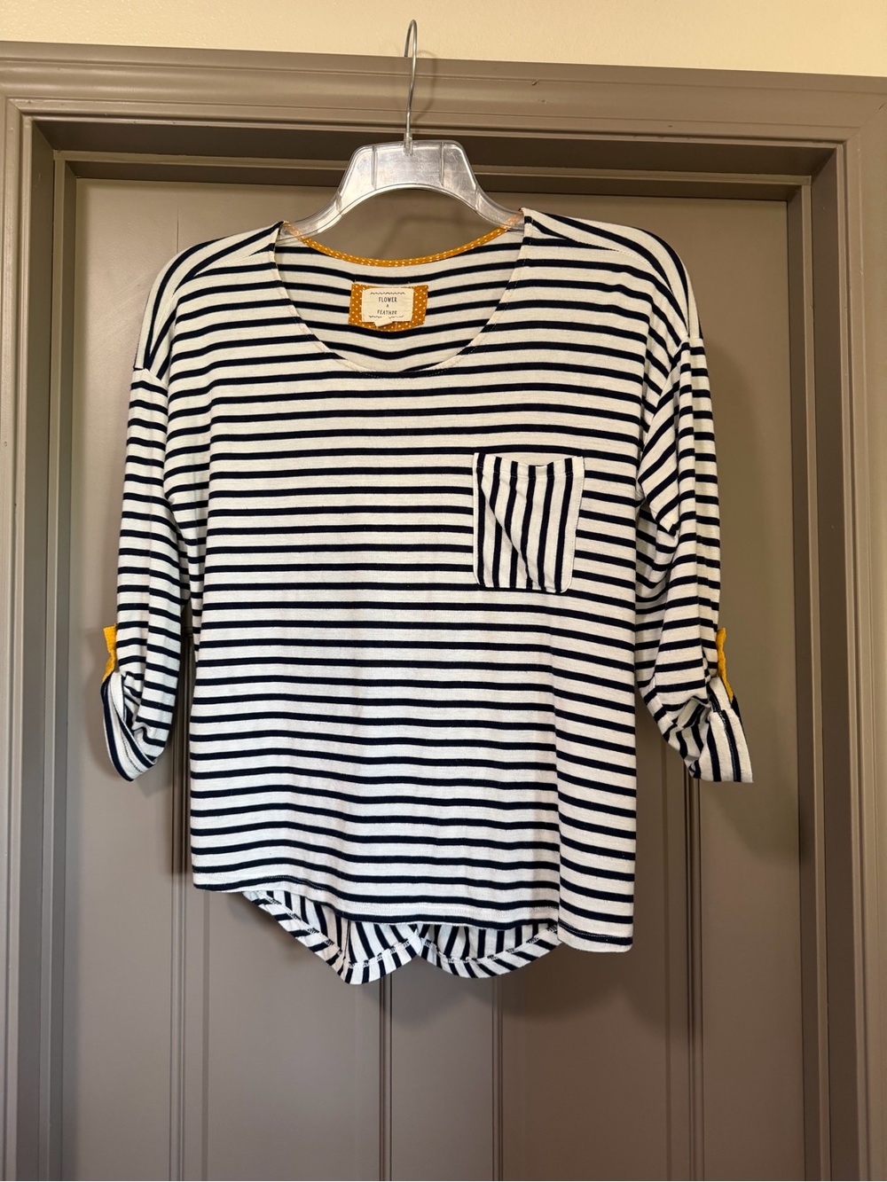 Flower & Feather Striped Navy & White 3/4 Sleeve Tee with Pocket - Medium